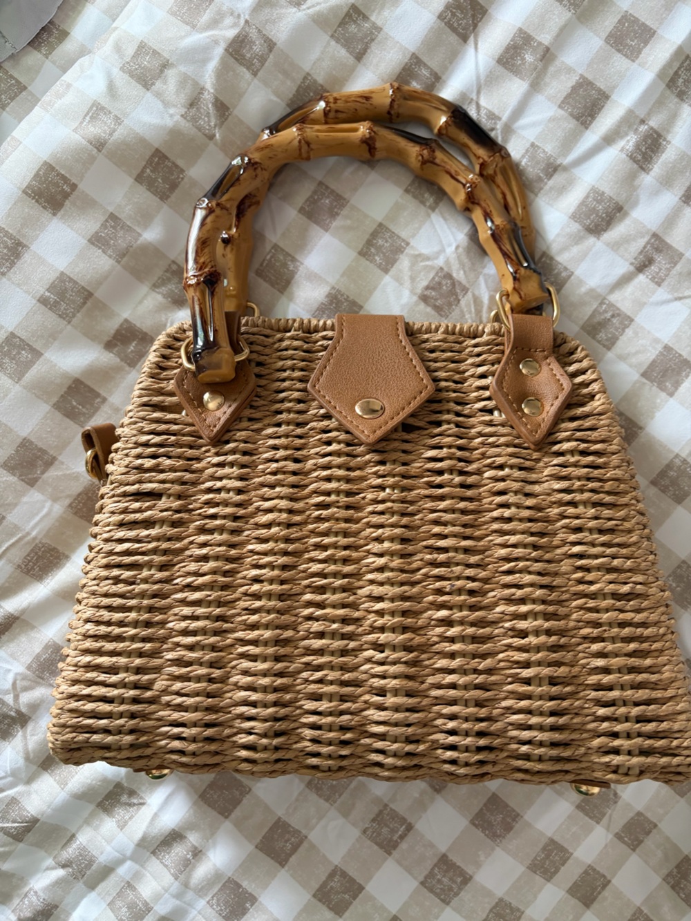 Tan Woven Tote with Bamboo-Style Handles